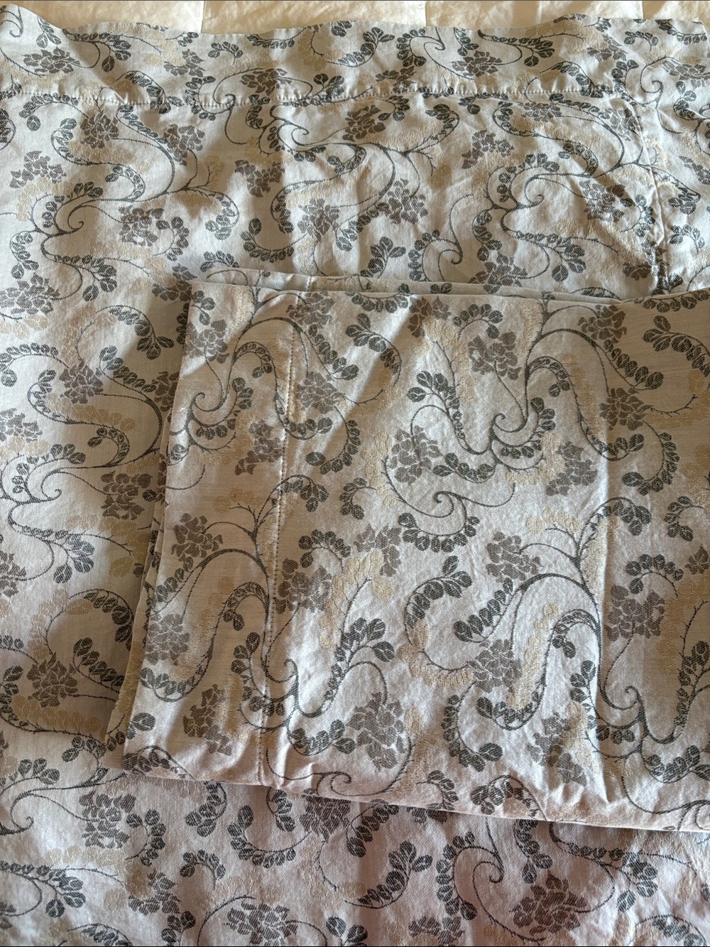 SFERRA Gray Floral Scroll Quilted Pillow Sham set up two king size pillow shams